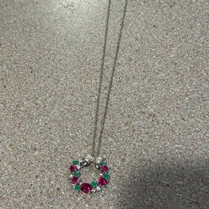 Silver Pendant Necklace with Green and red accents